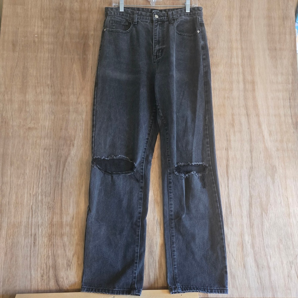 Nasty Gal High Rise Ripped Knee Straight Leg Jeans Washed Black Women's Size 10